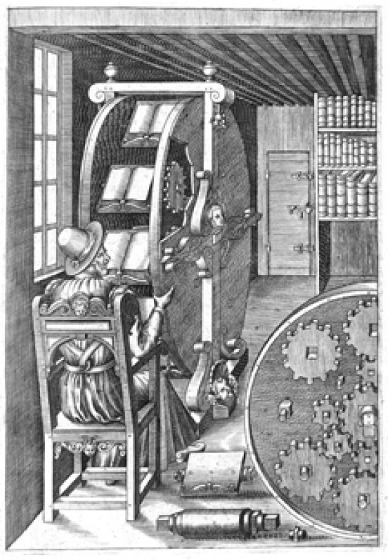Agostino Ramelli, Engraving of a Bookwheel, 1588 courtesy of Beinecke Rare Book and Manuscript Library, Yale University 