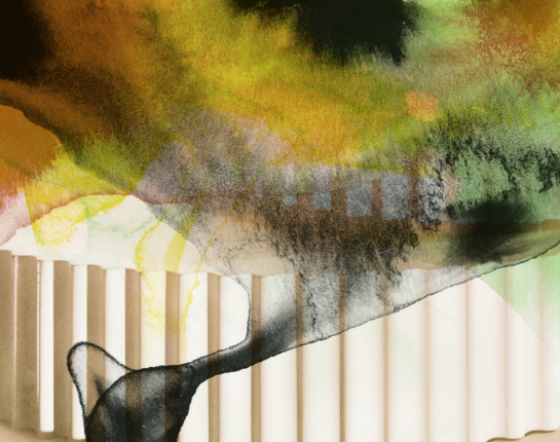 Offset print drips down image of white sculptural forms.
