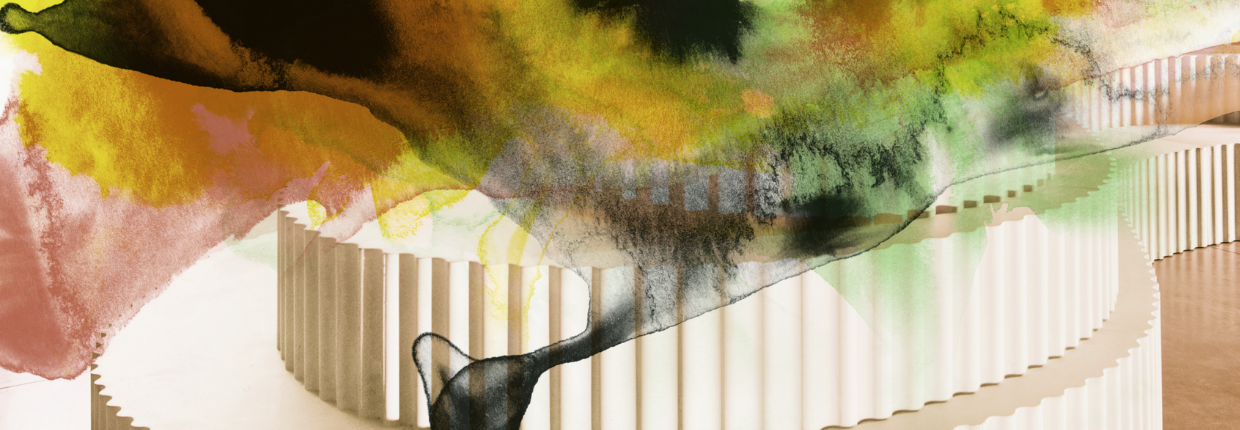 Offset print drips down image of white sculptural forms.