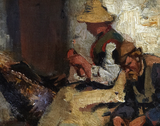Three figures sit outside a building in painting by Hannah Clarke Preston MacGoun.