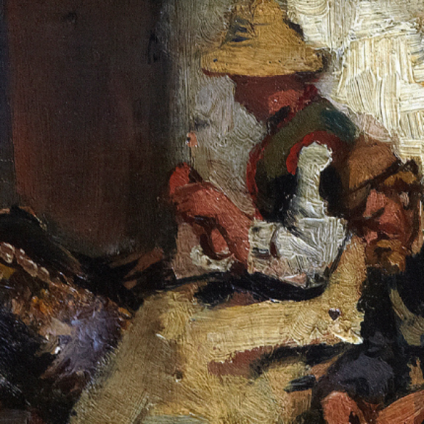 Three figures sit outside a building in painting by Hannah Clarke Preston MacGoun.