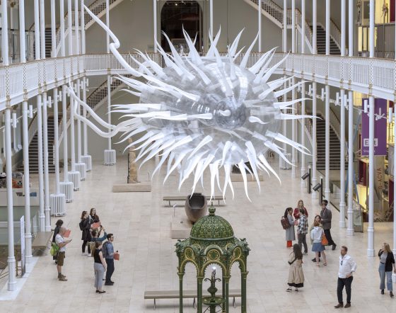 E.coli sculpture by Luke Jerram hangs in the grand gallery of the National Museum of Scotland.