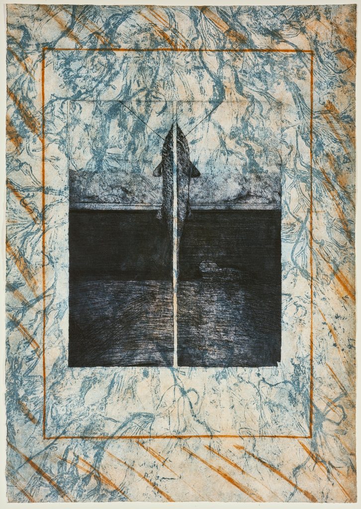 Print by Will Maclean in amber and blue of a fish leaping out of water.