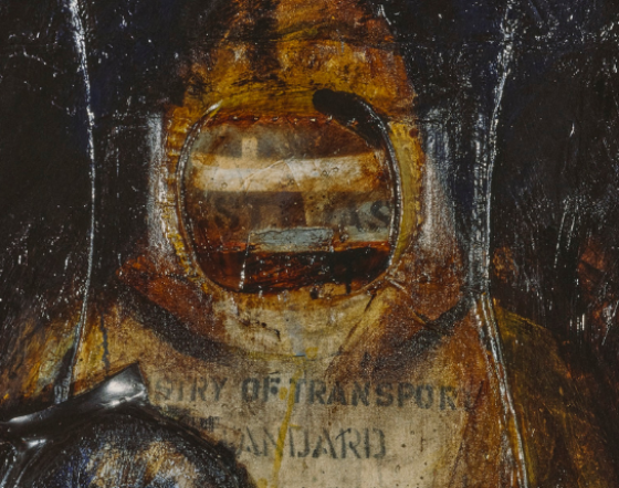 Detail of painting of fisherman in yellow jacket.