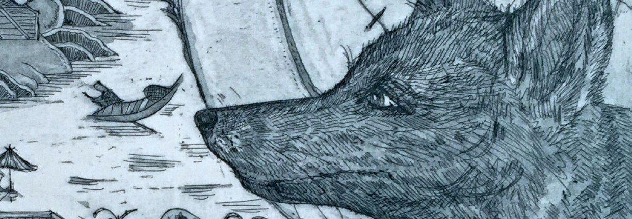 Illustration of fox in blue.