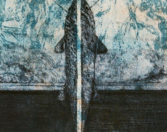 Detail of marbling work and fish spear from Will Maclean's work.