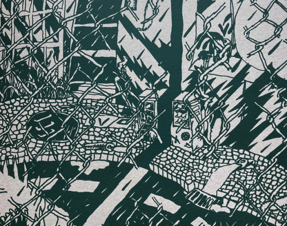 Illustration in turquoise of room, broken up by wires and audio equiptment.