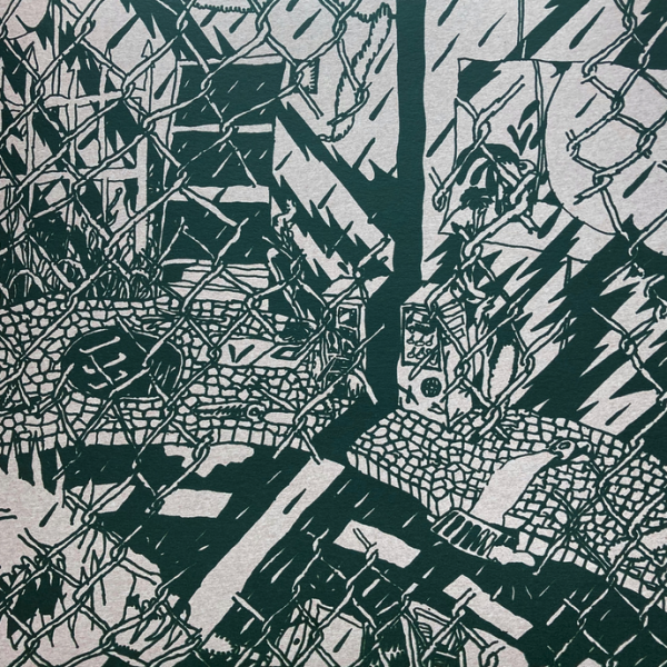 Illustration in turquoise of room, broken up by wires and audio equiptment.