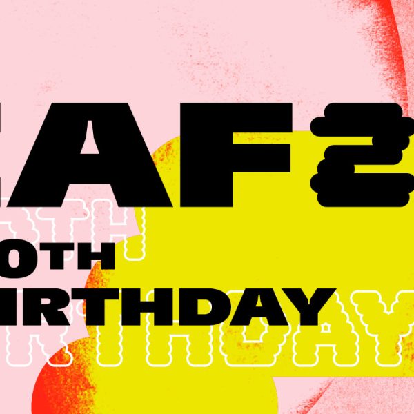 Text on pink, red and bright yellow graphic reads EAF24 20th Birthday